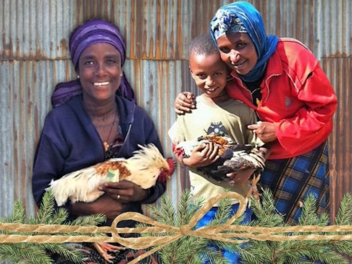 families holding chickens in Korah Ethiopia