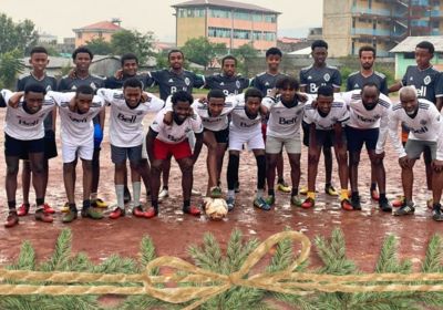 Boys soccer team on field in Korah Ethiopia